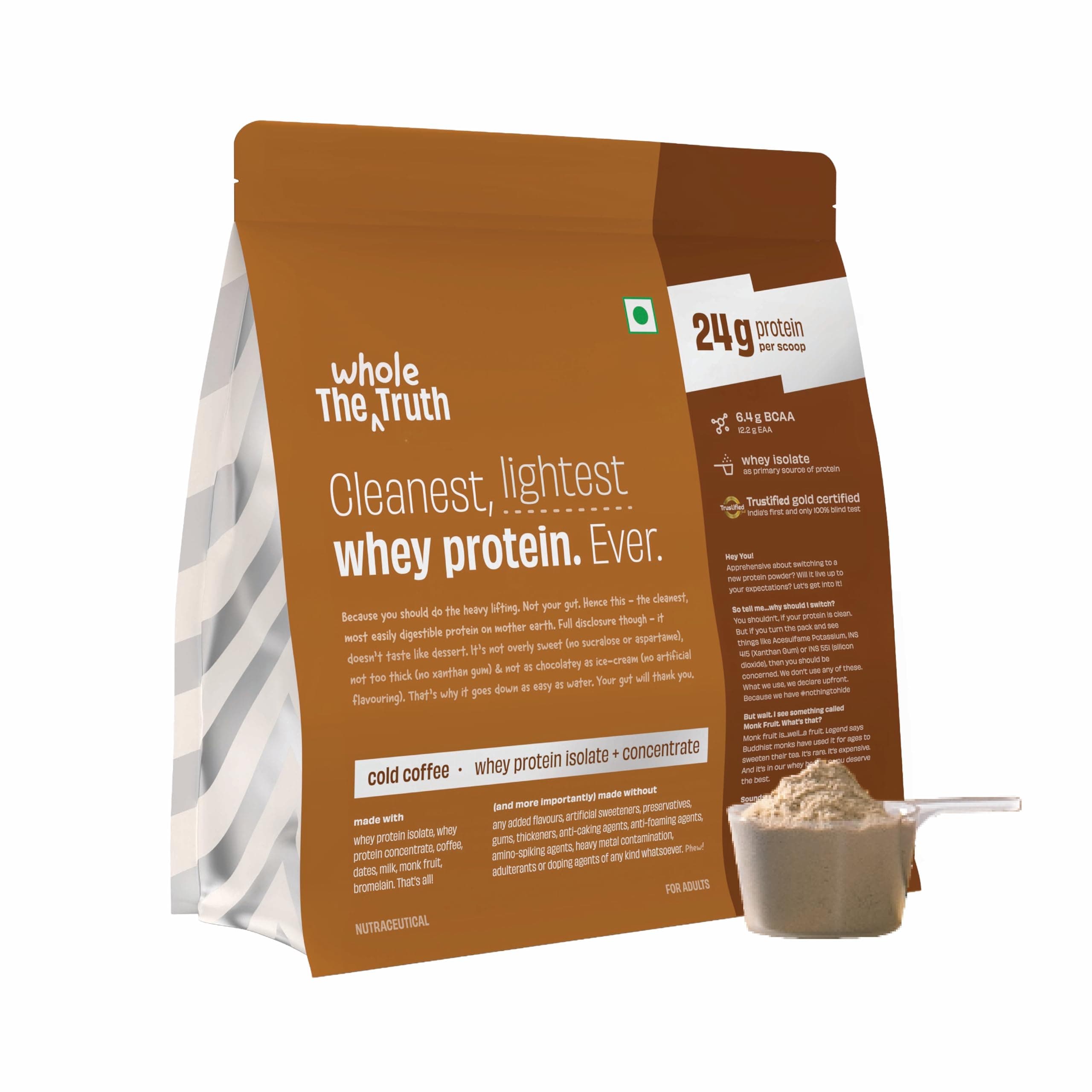 Whey Protein Isolate+Concentrate | Cold Coffee 1 kg (2.2 lbs) | 24g Protein/Scoop | 6.6g BCAA | 100% Authentic Whey & No Adulteration | Clean, Light & Easy to Digest | Vegetarian