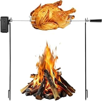Rotating Rotisserie Grill Kit, Electric Dual Post Open Fire Spit Rotisserie Grill System,Cordless Battery Motor,with Spit Rod,for Outdoor Campfire Grilling,20LBS Capacity