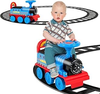 GYMAXRide On Train with Tracks, 6V Kids Electric Car with Storage Seat, Music & Lights, Toddler Battery Powered Ride On Toy for 18 Months Old+ Boys Girls (Navy)