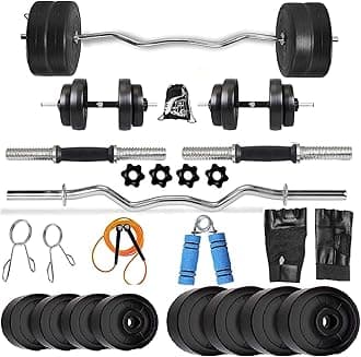 BODYFIT Home Gym Combo Dumbbell Set, Gym Equipments, 3ft Curl Rod + 2 New Model Dumbbell Rods, Weight Plates, Exercise Set, Home Gym Kit. (24Kg Weight Set)