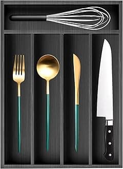 Ayiaren Cutlery Tray Narrow Wooden Silverware Organizer Spoon Drawer Kitchen Utensil Tray for Drawer Insert Bamboo Cutlery Drawer Organizer Black Wood Silverware Tray Flatware Organizer (12.7" x 9")