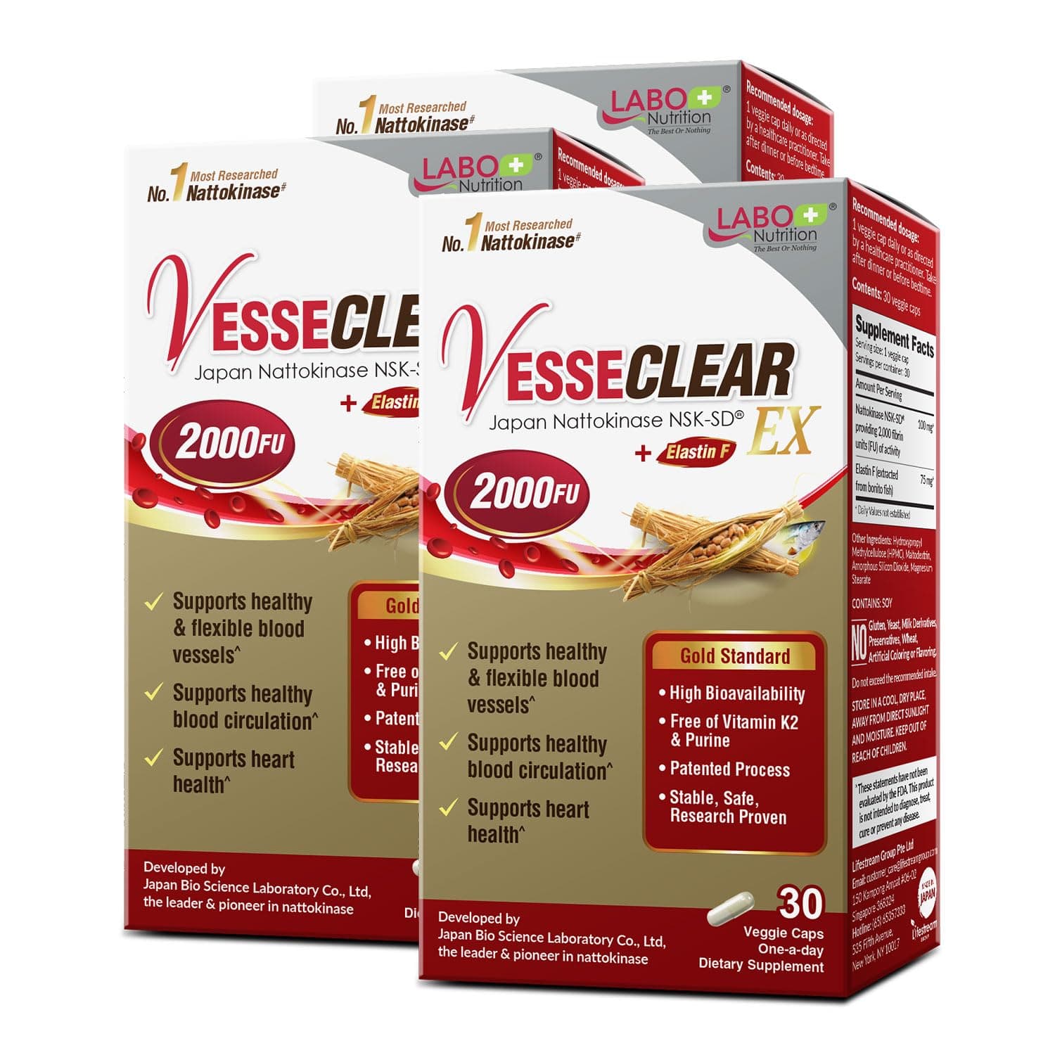 VesseCLEAR EX: Artery Cleanse & Elasticity Support Supplement | Blood Pressure, Circulation, Clean Arteries Heart Health Formula | Nattokinase NSK-SD + Elastin F | DR Capsules [3 Pack]