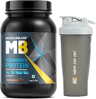 MuscleBlaze Beginner's Whey Protein Powder (Chocolate, 1kg) with Shaker | Combo Pack | 12g Protein per Scoop