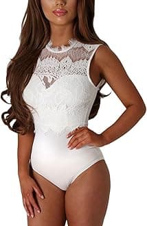 May Story Women Lace Bodysuit Sleeveless Cut Out Back Leotard Tops Ladies Lingerie Backless Jumpsuit with Button UK 8-22