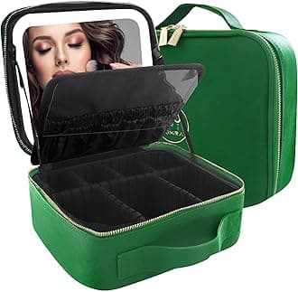 MOMIRA Makeup Case with Mirror and Light, Travel Makeup Train Case, Cosmetic Bag Organizer, Portable Artist Storage Bag, Emerald Green