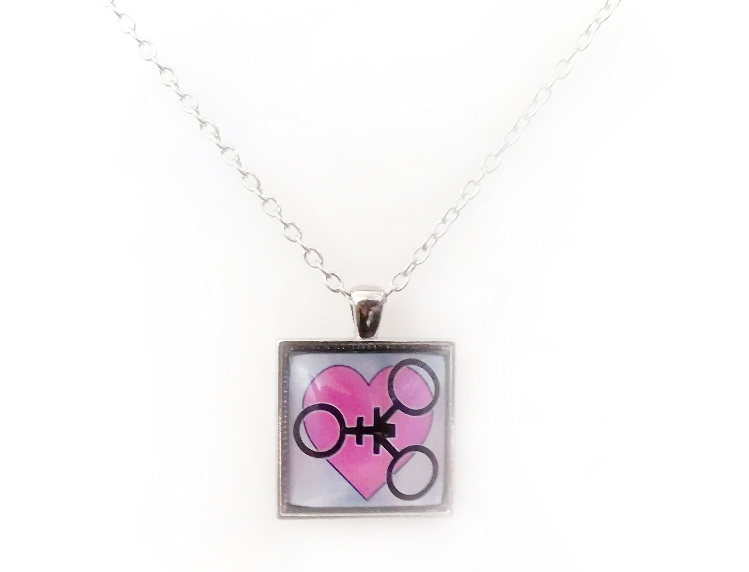 Square Swinger Polyamorous MMF Threesome Love Pendant on Silver Colored Chain