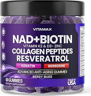 NAD+, Resveratrol, Berberine, & Biotin Anti-Aging Gummy - Hair, Skin, Nails & Joint Supplement - Collagen Peptides, Keratin, Zinc, Vitamin K2 & D3 Gummies -Regeneration- Non-GMO - Made in USA 60 Count