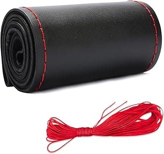Leather Steering Wheel Cover, DIY Sewing with Needle & Thread, Breathable Anti-Slip Car Steering Wheel Protector, Universal 15 Inch Auto Steering Wheel Stitch on Wrap (Black & Red, Glossy)