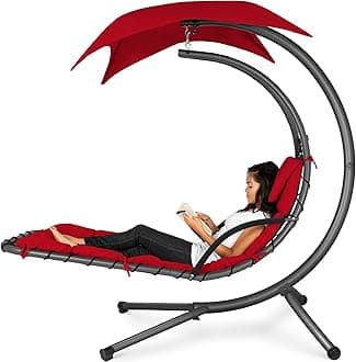 Best Choice Products Hanging Curved Chaise Lounge Chair Swing for Backyard, Patio w/Pillow, Canopy, Stand - Red
