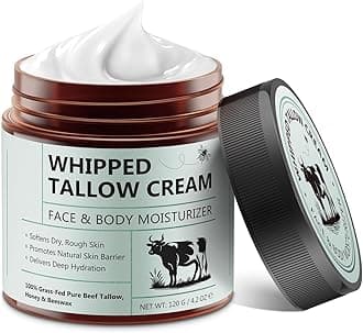 Whipped Beef Tallow for Skin - 100% Grass Fed Pure Beef Tallow with Honey, Natural Moisturizing Cream for Face and Body, Deep Hydration Softens Dry Skin, Nourishing Tallow Cream 4.2 Oz