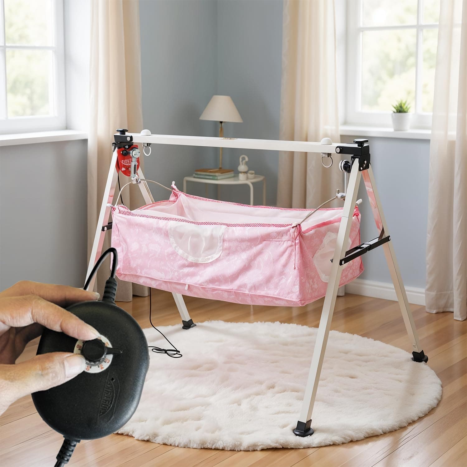 TINYTYKE Automatic Cradle for Baby - Electric Swing Cradle with Adjustable Speed - Semi-Foldable Frame with Pink Cloth and Mosquito Net - Baby Palna/Jhula for Kids of 0 to 3 Years - Carry Upto 20kgs