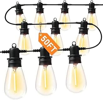 50FT LED Outdoor String Lights with 15 Edison Shatterproof IP65 Waterproof Bulbs, 2700K Dimmable Commercial Grade Patio Lights, Heavy Duty Outside Hanging Lights for Garden Porch Deck Decor