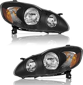 for 03-08 Toyota Corolla Headlights Assembly, Headlamp Replacement Headlight Assemblies Black Housing Amber Reflector Left+Right Pair Set