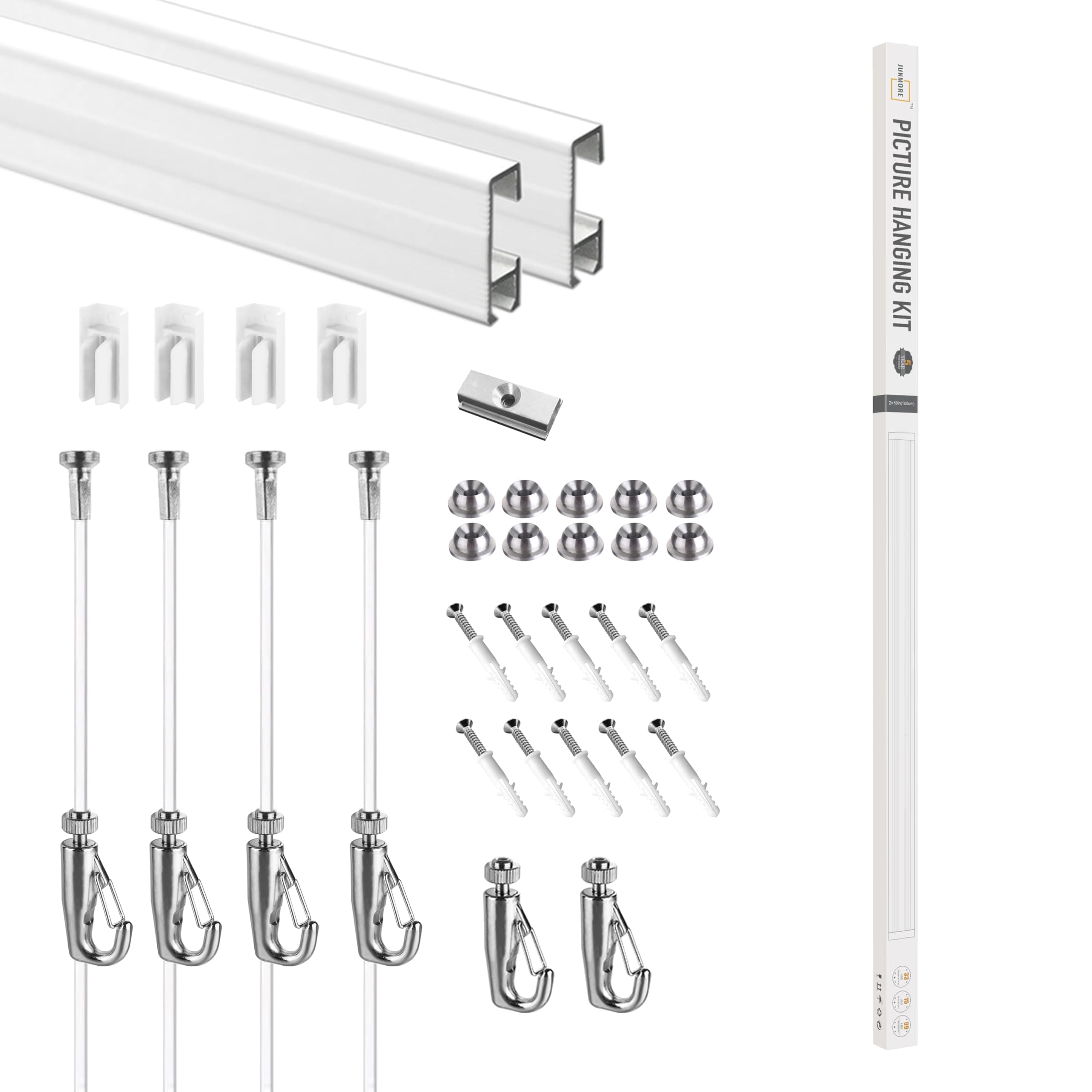 JUNMORE Picture Hanging System Click Rail Kits,in one Set Included Two of White Rails 59", Four of Nylon Cables, six of Hooks, Four of end caps, and Installation Hardware