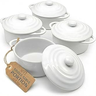 Kook Ceramic Mini Cocotte Set, Small Casserole Dishes with Lids and Handles, Individual Baking Ramekins, Oven, Microwave & Dishwasher Safe, Stoneware, 12 oz, Set of 4 (Swiss White)