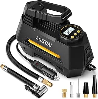 AstroAI Tyre Inflator Air Compressor 12V, Portable Electric Car Tyre Pump with Tyre Pressure Gauge, Auto-Stop Air Pump with Valve Adaptors and LED Light, Car Accessories, Yellow