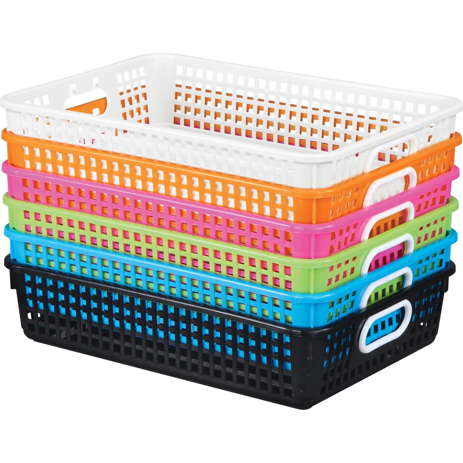 Really Good Stuff 6PK Plastic Desktop Paper Storage Basket for Classroom or Home–14”x10” Plastic Mesh Basket-Secure Papers Crease-Free–Neon Pop