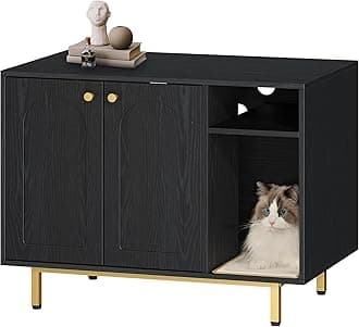 Hzuaneri Cat Litter Box Enclosure, Hidden Litter Box Furniture Cabinet, Wooden Pet House Side End Table with Storage for Washroom, Bedroom, 31.4 x 19.6 x 24 inches, Black and Gold CB01504G
