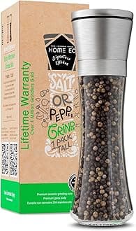 HOME EC Original Stainless Steel Salt or Pepper Grinder 1pk - Adjustable Ceramic Sea Salt Grinder or Pepper Mill - Tall Glass Spice Shaker - Spice Mill w/EBook