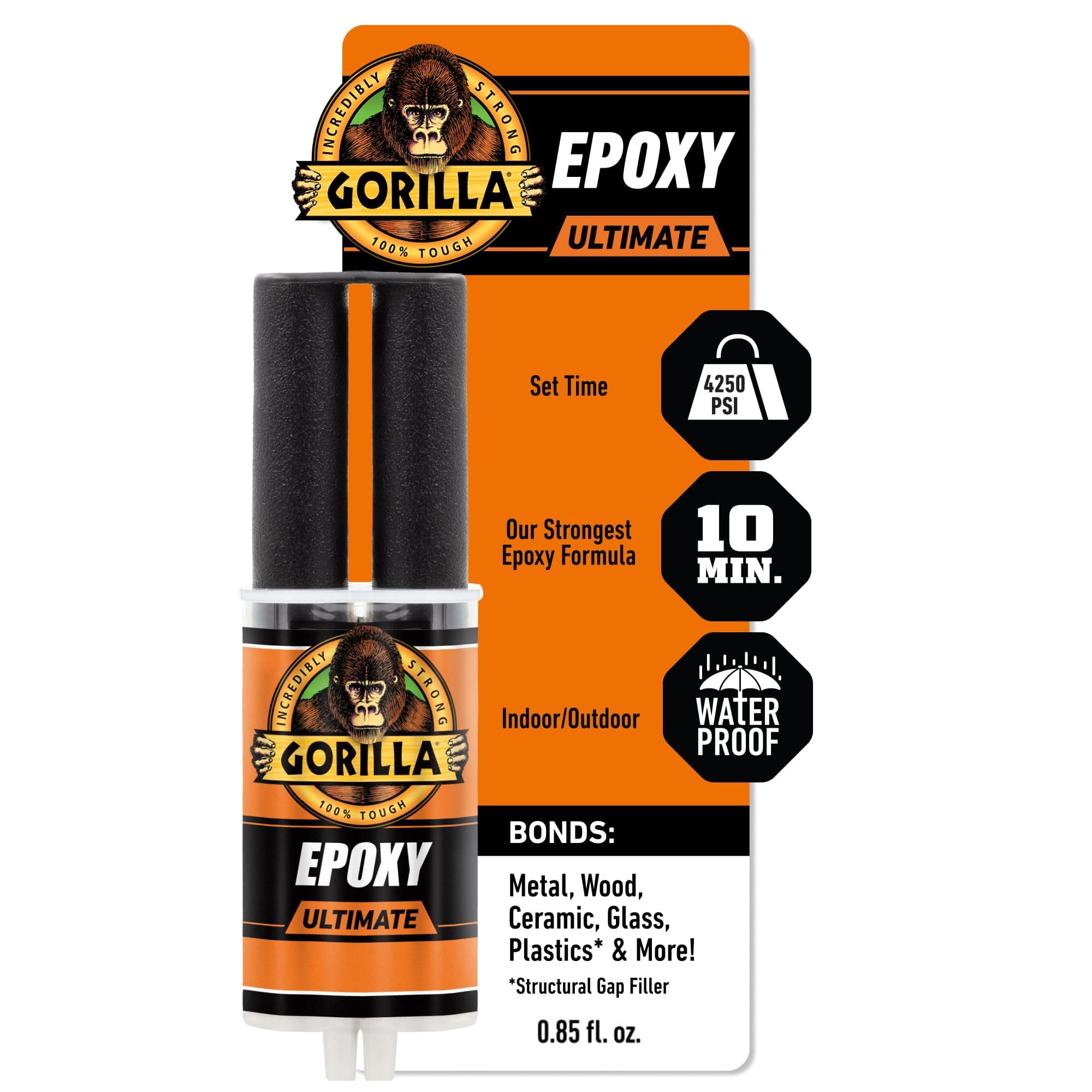 Gorilla Epoxy Ultimate, Waterproof, 10 Minute Set, Permanent Bond, Dries Black, 0.85oz Syringe (Pack of 1)