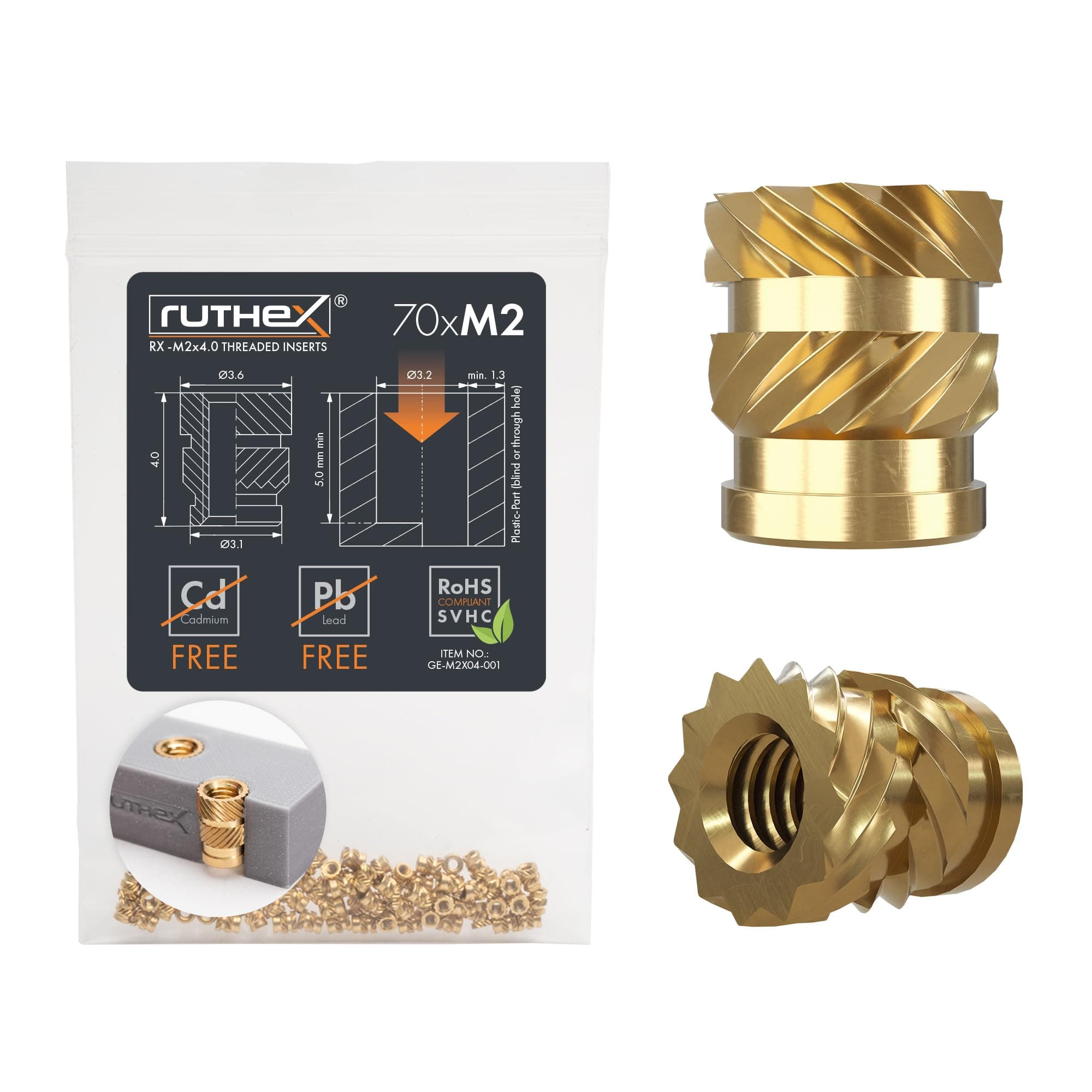 ruthex M2 threaded insert - 70 pieces RX-M2x4 threaded brass bushings - Stable insert nut for plastic parts - can be used in 3D-printed plastic parts using heat or ultrasonic