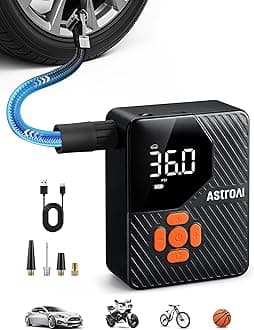 AstroAI L7 Mini Tire Inflator Portable Air Compressor,150 PSI Cordless Car Tires Air Pump with LED Lights&Pressure Gauge,Auto Shut-Off - Tire Pump for Auto,Motorcycle, Bicycle, Ball Orange