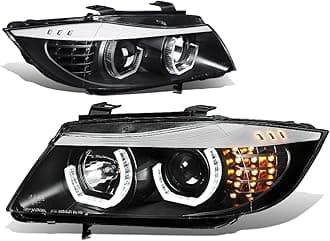 LED Halo Headlights Assembly Compatible with 2009-2012 BMW E90 320i 323i 325i 4-Dr Sedan, Left and Right Side, 3D Dual Crystal U-Halo, Projector Low Beam, LED Turn Signal, Black Housing