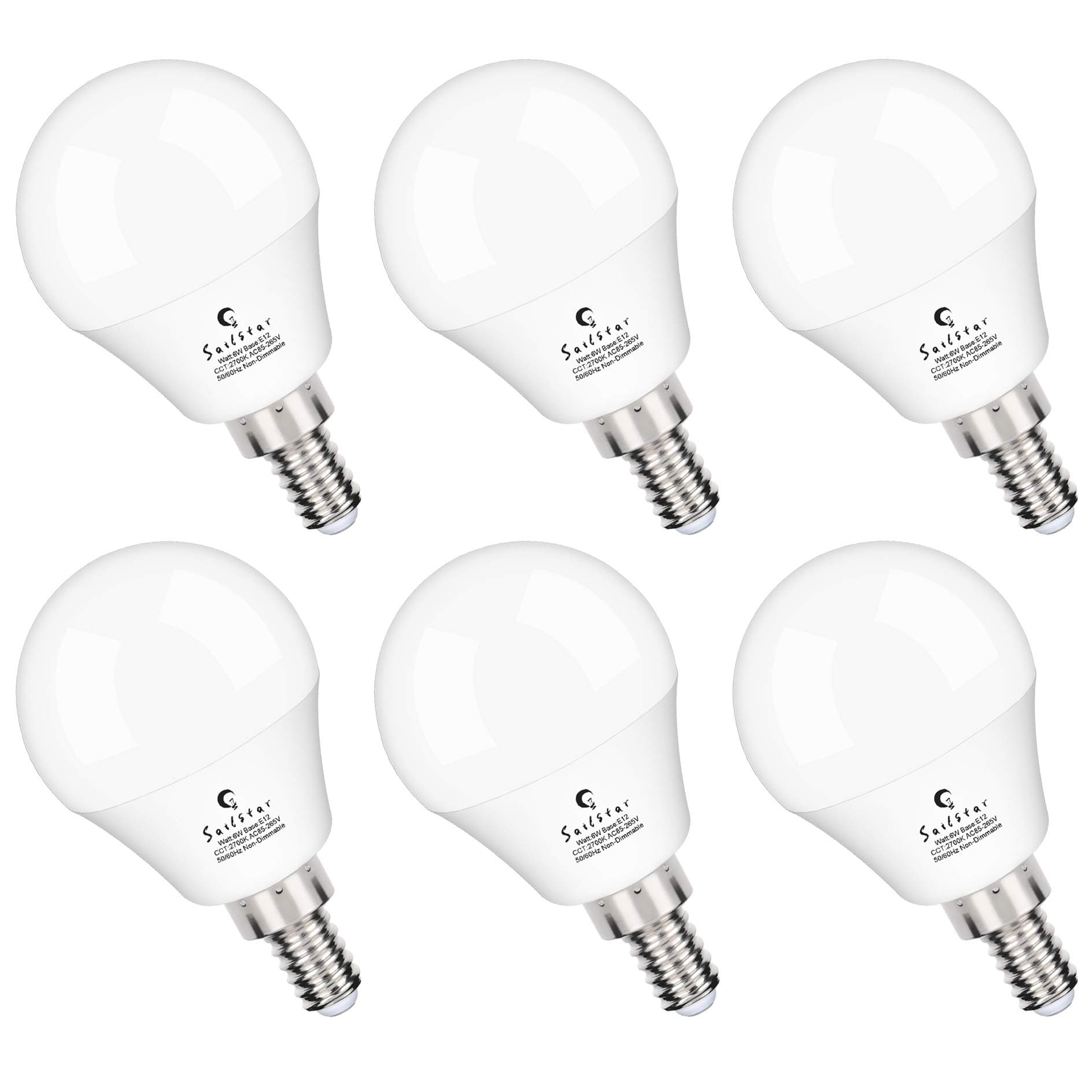 Sailstar A15 Ceiling Fan Light Bulbs, E12 Base, 6Watt (60-Watt Replacement), Soft White 2700K, Non-Dimmable, Candelabra Base LED Light Bulb, 6 Pack