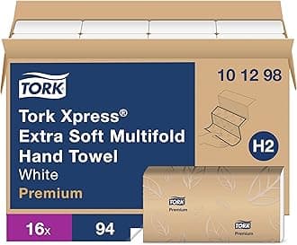 Tork Xpress Extra Soft Multifold Hand Towel White with Blue Leaf H2, Premium, 4-Panel, High Performance, Absorbent, 2-Ply, 16 X 94 Sheets, 101298