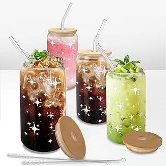 DAMCONMEDAMCONME Glass Cups with Lids and Straws Set of 4, Drinking Glasses 16oz for Iced Coffee, Aesthetic Cute Glass Cup Set, Holiday Gift for Women, Friends, Coworkers, Christmas & Party – Star Design