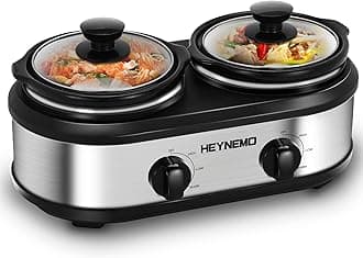 Double Slow Cooker, Buffet Servers and Warmers, Dual 2 Pot Slow Cooker Food Warmer, Adjustable Temp Dishwasher Safe Removable Ceramic Pot Glass Lid, 2 x 1.25 QT Portable Small Crock Cooker