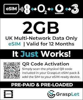 UK Multi-Network Data-Only eSIM | 12-Month Validity | Auto-Connects to Strongest Network: EE, Three, O2, or Vodafone | Compatible with eSIM Devices (2 GB - 12 Months)
