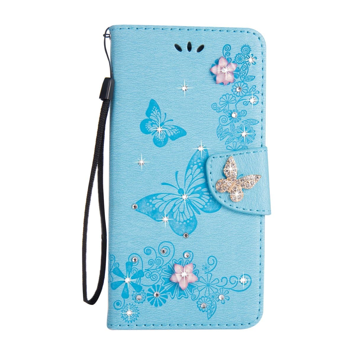 iPhone 6S Case [Free Tempered Glass Screen Protector],Mo-Beauty Bling Sparkly Diamonds Gems Butterfly Design PU Leather Flip Wallet Case Cover for Apple iPhone 6/6S (Blue)