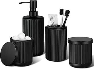 Matte Black Bathroom Accessories Set, 4 Pcs Glass Bathroom Accessory Set, Soap Dispenser, Toothbrush Holder, Qtip Holder Set, Bathroom Sets Complete, Bathroom Sink Set for Modern Home Decor