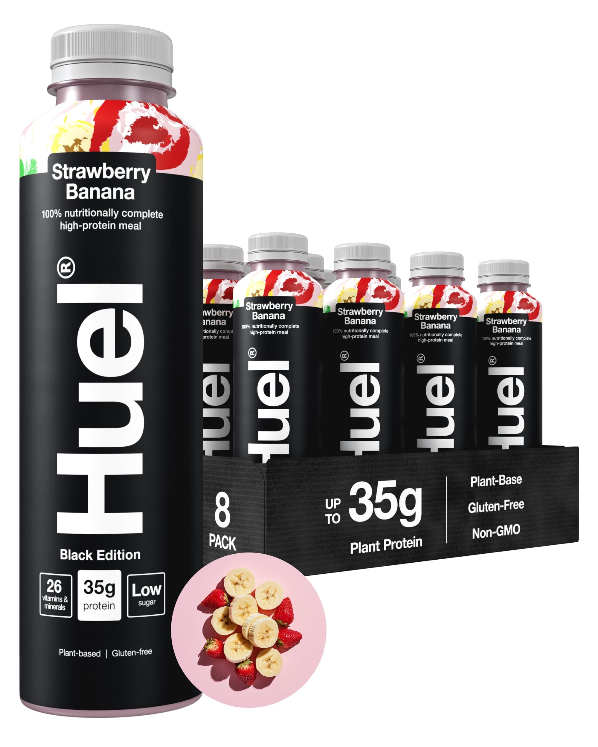 Huel Black Edition Ready-to-Drink | 35g Plant-Based Protein | Complete Nutrition | More Than a Meal Replacement | Gluten-Free | 8x 500ml Bottles (8x500ml, Strawberry Banana)