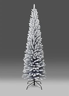 7Ft/2.1m Slim Christmas Tree Artificial Snow Flocked Frosted Pencil Tree 625 Pointed Tips, Metal Stand, Holiday Home Decorations