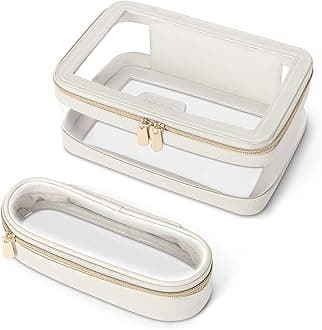 Travel Clear Makeup Bag with Makeup Brush Bag, Leather Makeup Case Toiletry Bag, Portable Cosmetic Bag Case, Transparent Waterproof Cosmetic Organizer Storage Bag for Women, Off-White, M, 1