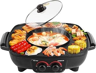 VBM Non-Stick Portable Electric Barbecue Stove/Grill with Hot Pot 2 in 1 Indoor Non-Stick Electric Hot Pot and Griddle for Korean BBQ, Steaks, Shabu - Shabu and Noodles,Soup Maker-Electric Cooker