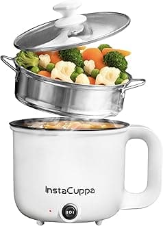 - InstaCuppa Stainless Steel 3-In-1 1.2Liter Multi Cook Kettle With Steamer, Non-Stick Inner Pot, Adjustable Temperature, Ideal For Boiling Milk, Tea, Coffee, Eggs & Steaming Veggies, 600 Watts, White