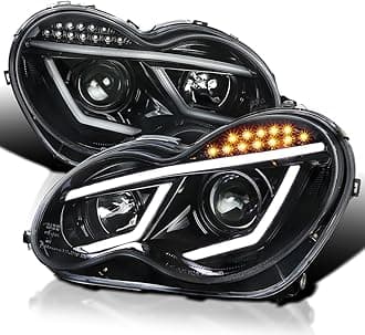 SPEC-D TUNING Jet Black LED Bar Projector Headlights Compatible with 2001-2007 Mercedes-Benz W203 C-Class Sedan, Left + Right Pair Headlamps Assembly