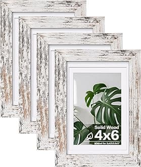 Egofine 4x6 Picture Frames Set of 4, Made of Solid Wood Covered by Plexiglass 3x4.5 and 3.5x5 with Mat or 4x6 without Mat, for Table Top Display and Wall Mounting Photo Frame Rustic White