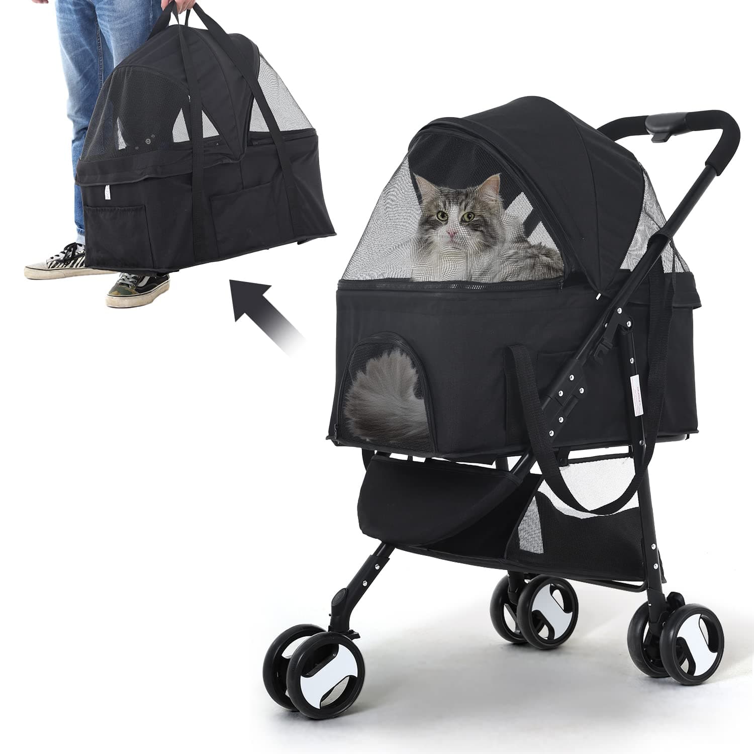 Pet Stroller Dog Stroller 3-in-1 Folding Cat Stroller 3 Wheels with Detachable Carrier Storage Basket for Medium Small Dogs Cats Puppy Stroller for Travel, Black
