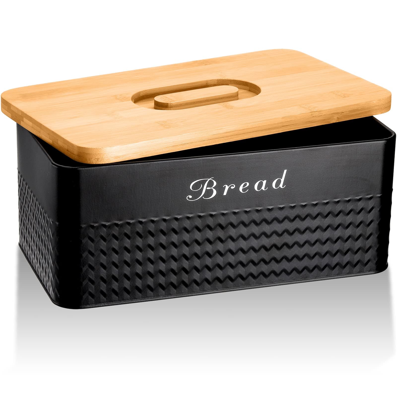 Bekith Metal Bread Box with Bamboo Lid, Modern Bread Storage Container Holder, Space-Saving Bread Keeper Bin for Kitchen Counter, Kitchen Decor Organizer, 13"x7"x5.25", Black