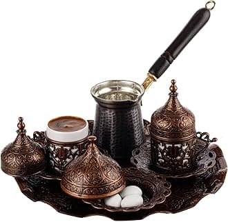 DEMMEX Turkish Greek Arabic Coffee Making and Serving Full Set with Cups Saucers Lids Sugar Bowl Tray and Copper Coffee Pot, Hand Decorated with Gold Crystals, 12 Pcs