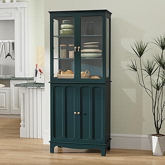 72" Freestanding Kitchen Pantry Storage Sideboard, Classical Tall Cabinet with Glass Door and Adjustable Shelves for Kitchen, Livingroom and Dining Room, Dark Teal