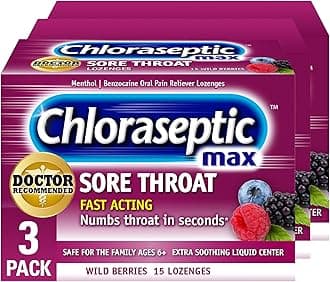 Max Strength Sore Throat Relief Lozenges, Wild Berry, Drops with Liquid Center to Numb Sore Throat, 15 Count, Pack of 3