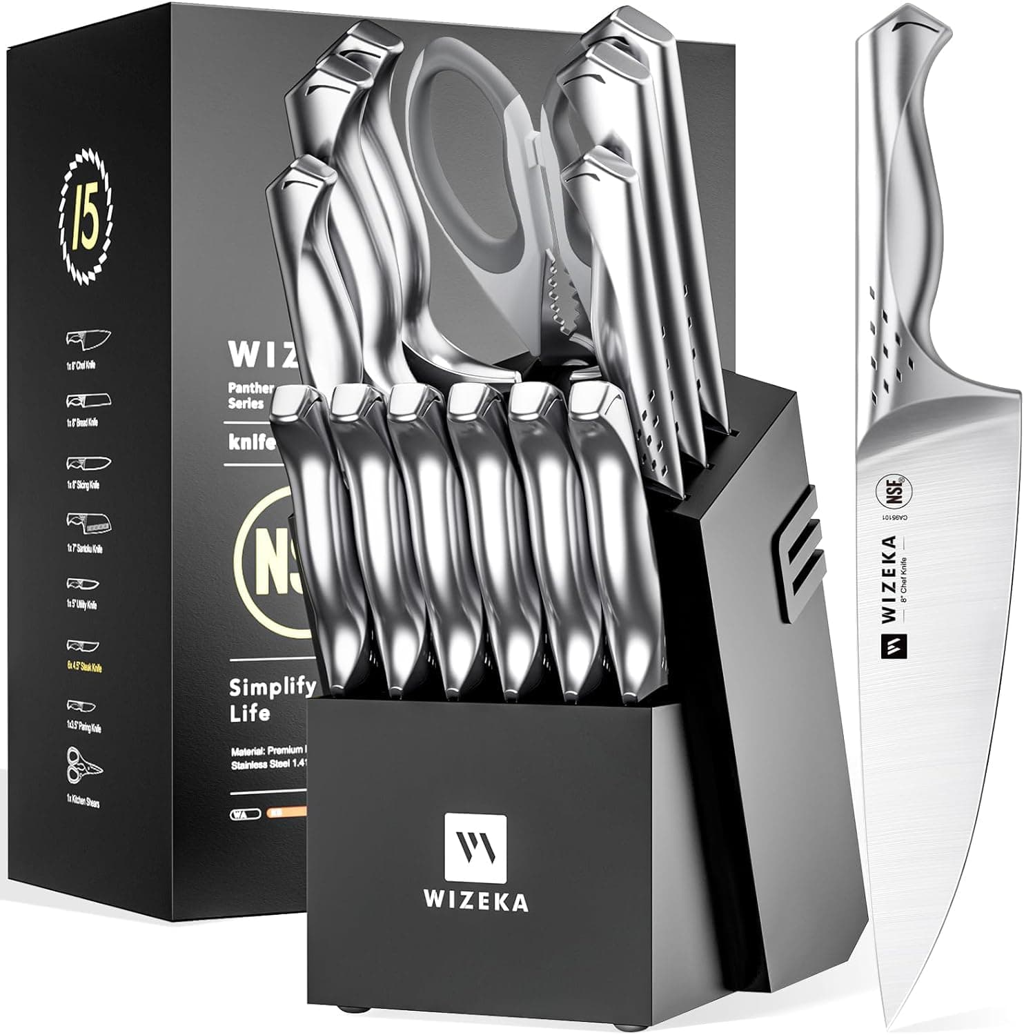 Kitchen Knife Set with Block: Razor Sharp 15 Pcs Professional Chef Knife Set with Knife Sharpener, Food Grade German Stainless Steel Knife Block Set, Jaguar Series