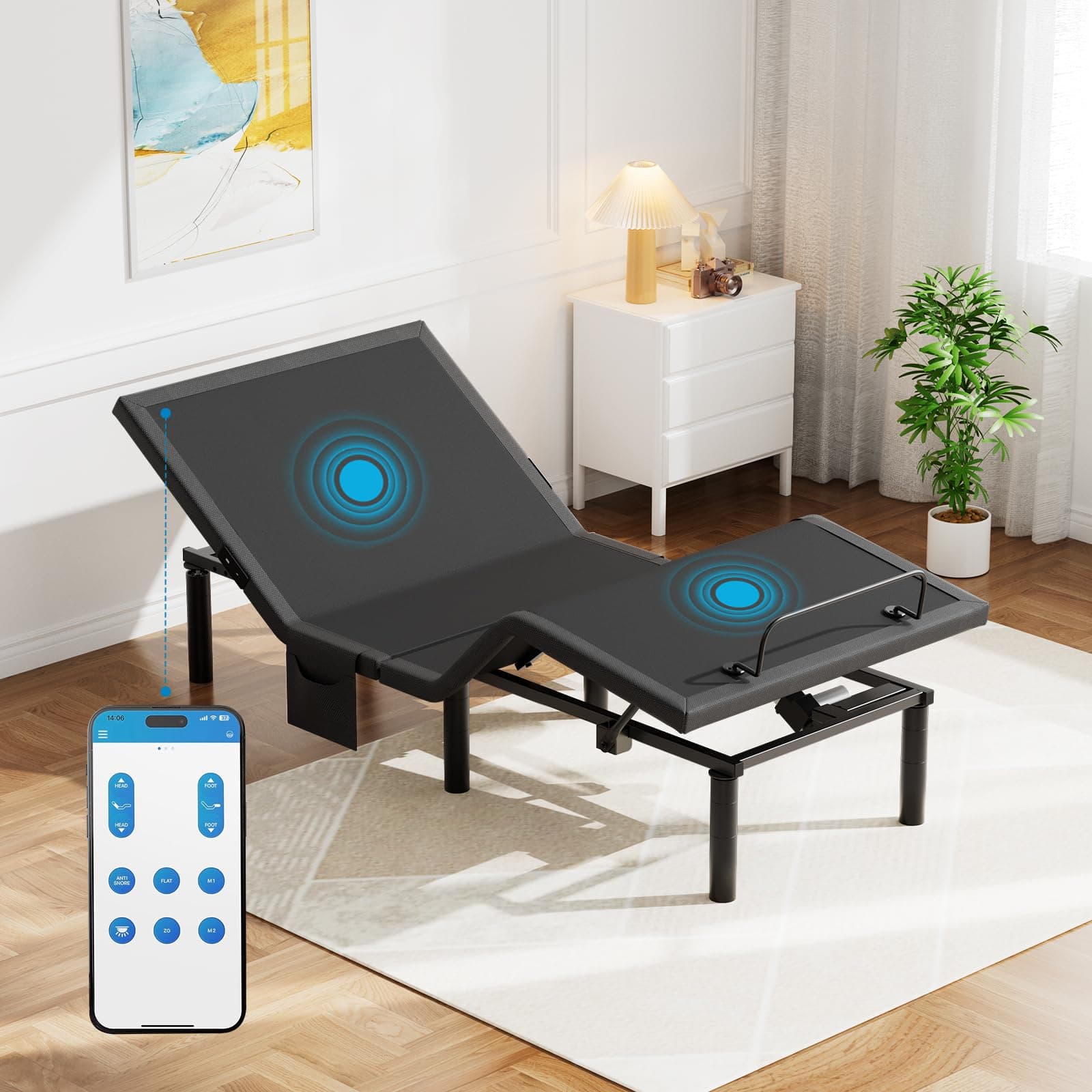 Pipishell Twin XL Adjustable Bed Frame with Massage, Electric Bed Base with App-Controlled, Head & Foot Incline, 4 USB Ports, LED Under-Bed Lighting, 4 Leg Height Options, and Easy 3-Step Assembly