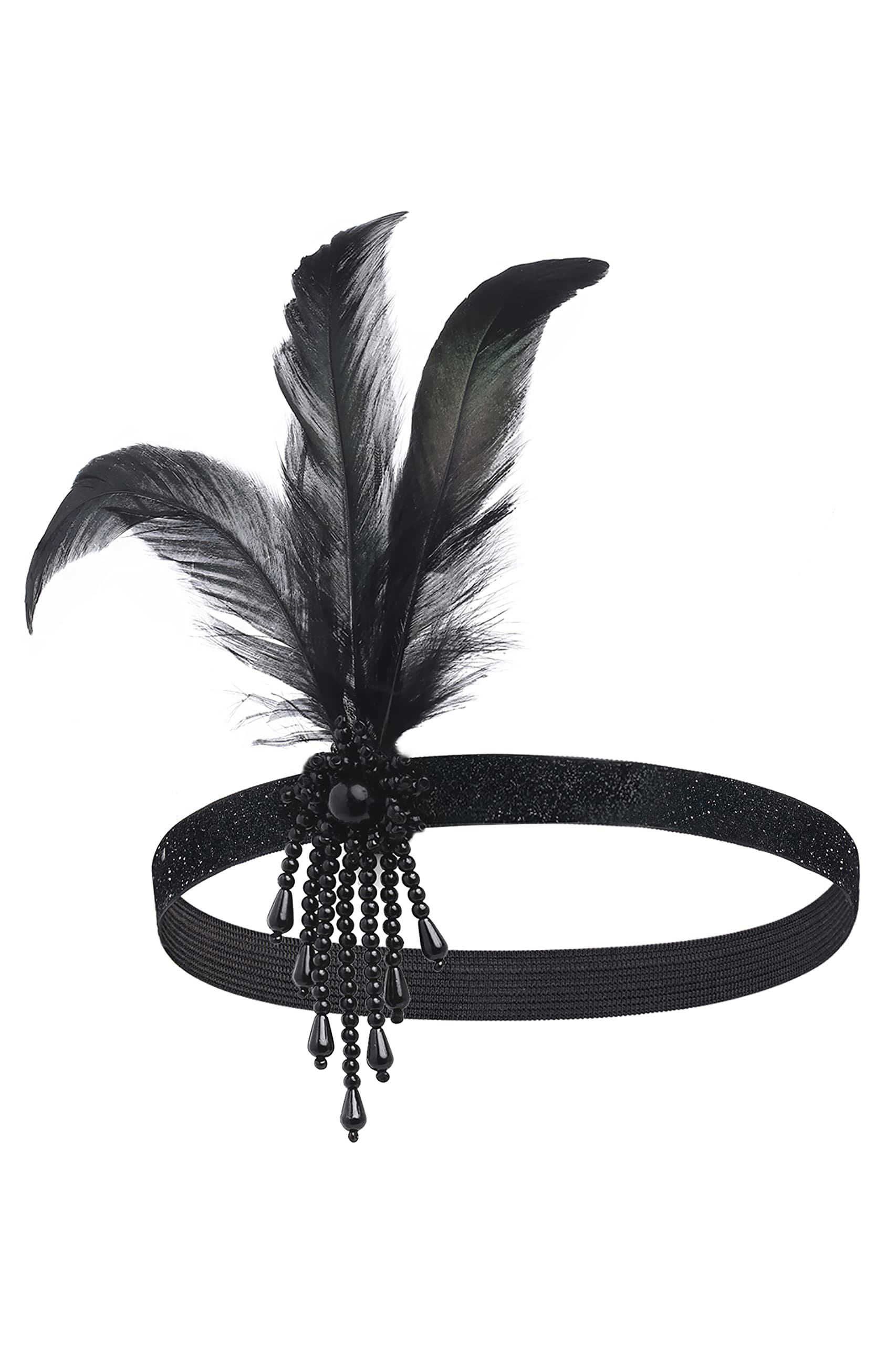 1920s Flapper Feather Headpiece Vintage 1920s Headband Beaded Flapper Headpiece Great Gatsby Costume Accessories,Black