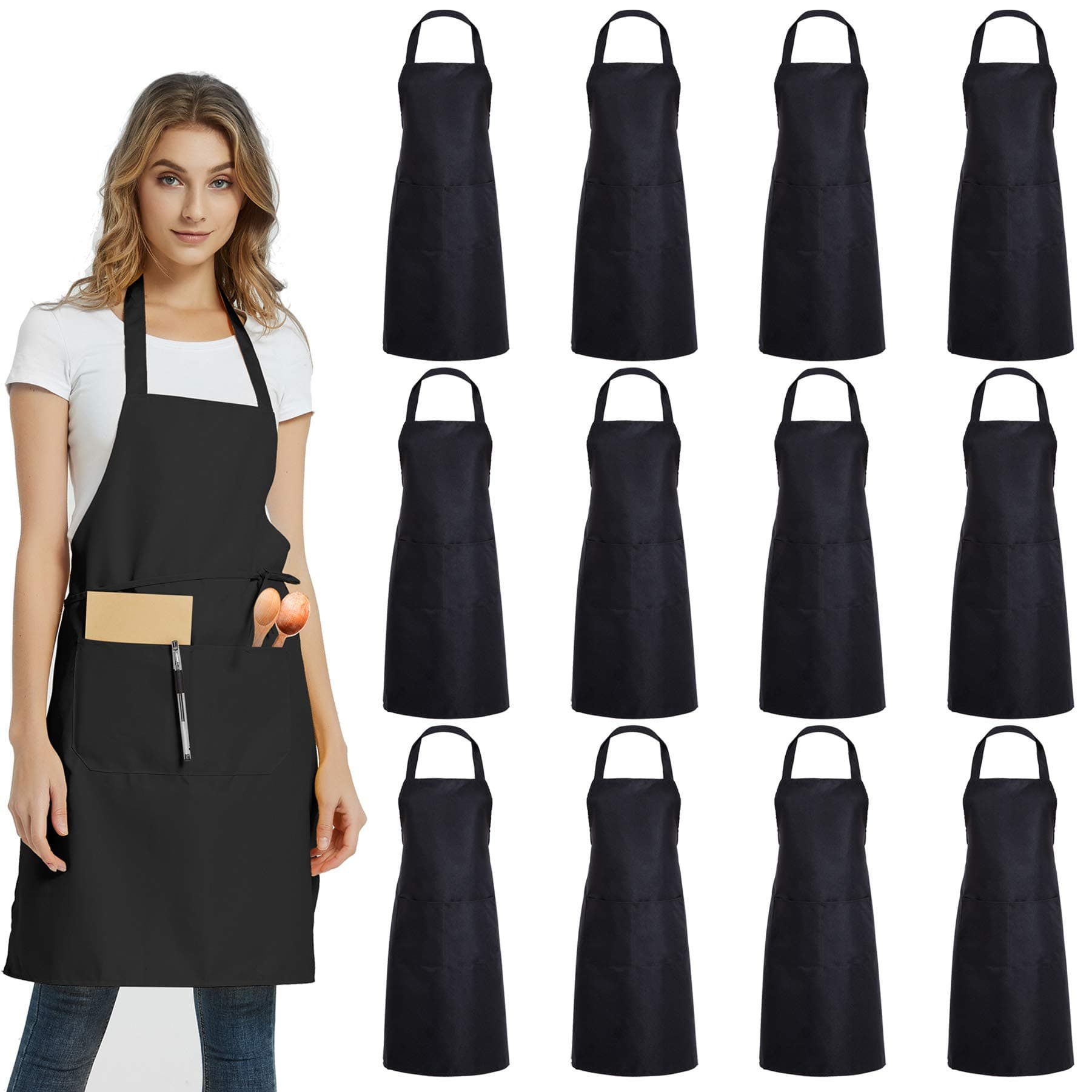 12 Pack Plain Bib Aprons with 2 Pockets - Black Unisex Commercial Apron Bulk for Kitchen Cooking Restaurant BBQ Painting Crafting